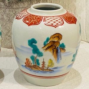 F9-Vintage Hand Painted Chinoiserie Pagoda Bonsai Tree Vase